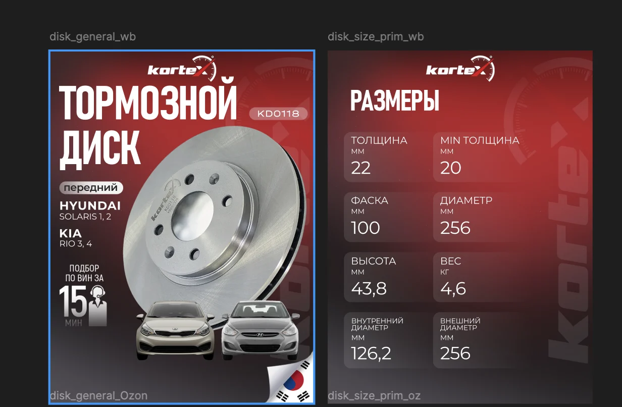 Две карточки тормозного диска Kortex: главная и карточка размеров